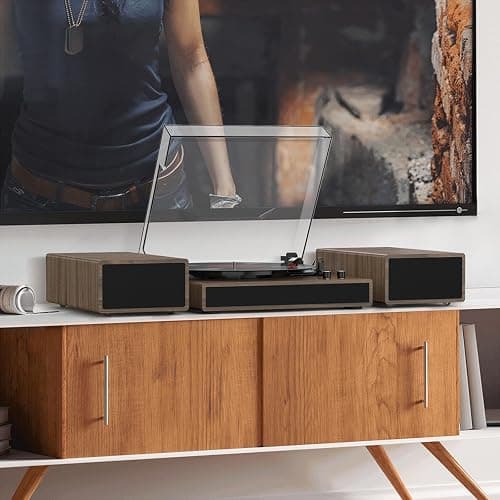 Vinyl Record Player with Dual Stereo Bookshelf Speakers Vintage Turntable with Bluetooth Wireless Playback Belt Drive 3-Speed Playback Record Player Support RCA Out Auto Stop thumbnail 2