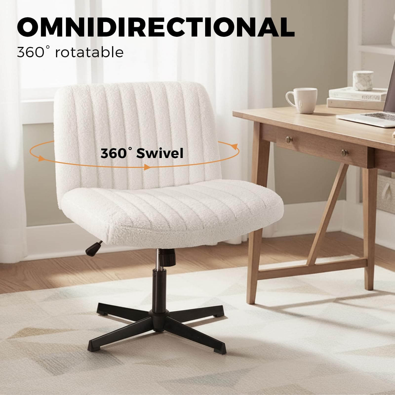 Oikiture Home Office Chair with Sherpa Fabric and Wider Seat White Cross Legged Office Chair thumbnail 6
