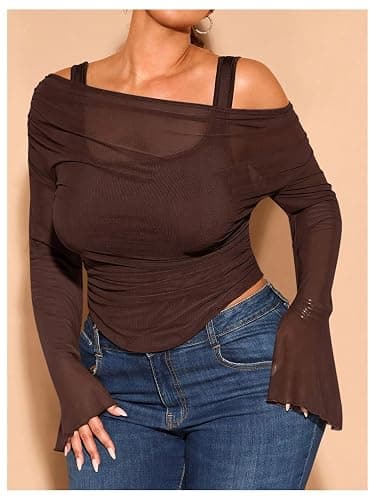WDIRARA Women's Plus Size 2 in 1 Off Shoulder T Shirt Ruched Sheer Bell Long Sleeve Tee thumbnail 3