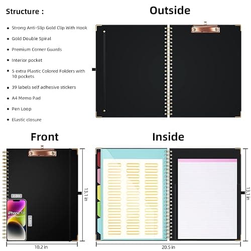 Ospelelf Clipboard with Storage 8.5 X 11，Padfolio Organizer, Spiral Portfolio Letter Size with Notepad, Pen Holder, 5 Extra Folder Divider Pages, Elastic Closure Nurse Office Essentials (Black) thumbnail 3