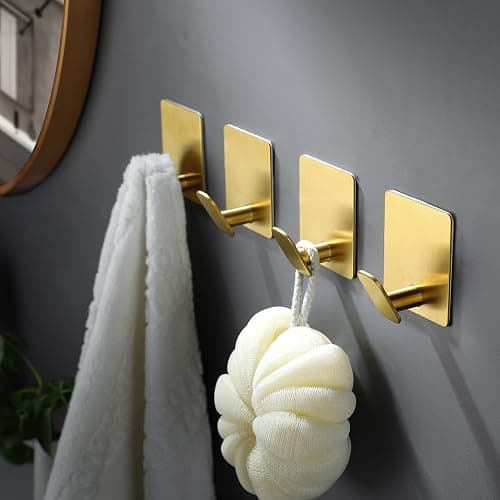 DELITON 8 Pack Gold Wall Hooks - Adhesive Towel Hooks for Bathrooms Kitchen Livingroom Garage, Heavy Duty Hooks for Walls No Damage Command Hooks for Coat Robe Waterproof Stainless Steel - Gold-8 thumbnail 3