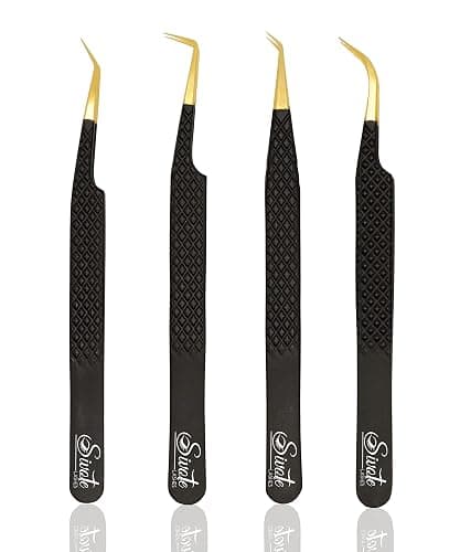 SIVOTE Fiber Tip Lash Tweezers for Eyelash Extensions with Diamond Grip, Black, Set of 4 - Precise Tips Japanese Steel for Classic, Volume & Mega Volume Lashes, Anti-Rust - Ideal for Lash Artists - Image 1