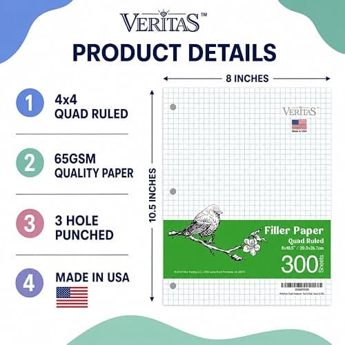 WritePads Graph Paper Loose Leaf Paper, 300 Sheets, 8 x 10.5 Inch 4x4 Quad Ruled Graphing Paper, 3 Hole Punched Filler Notebook Paper for 3 Ring Binders, 65 GSM, Made in USA thumbnail 2