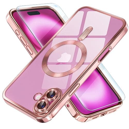 Misea Magnetic for iPhone 16 Plus Case with MagSafe [Never Yellowing] [Military Grade Drop Protection] Full Camera Lens Protector Plating Soft Clear Phone Case for Women Girls 6.7 inch, Pink - Image 1