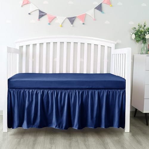 Biloban Crib Bed Skirt Navy 4 Sides Pleated Dust Ruffle Adjustable Fit Standard Crib Toddler Bed Skirts for Baby Boy or Baby Girl Crib Bedding, Navy Blue Crib Skirt Machine Wash - Image 1