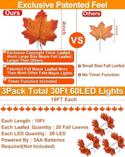 Timer&3 Pack Halloween Fall Decor 30Ft Fall Garland with Lights 60LED | Patented Realistic Maple Leaves Garland Halloween Fall Decorations for Home, Battery Operated Waterproof Thanksgiving Decor thumbnail 2