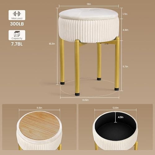 Memobarco 18-Inch Velvet Vanity Stool Chair with Storage, Vanity Bench with 4 Golden Metal Legs & Anti-Slip Adjustable Feet,Round Storage Ottoman Stool with Removable Soft Padded Seat, Beige thumbnail 2