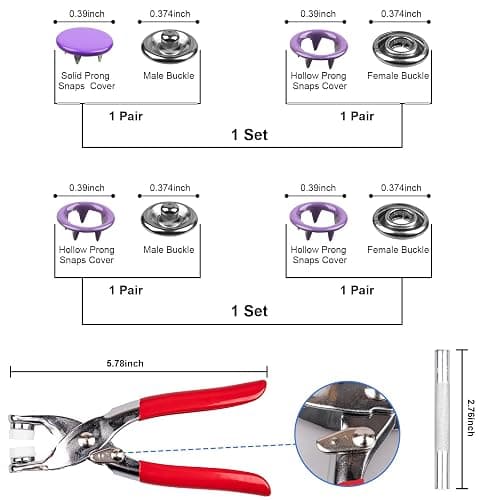 Siziviki 200 Set Snap Button Kit - 9.5mm 10 Colors Snaps for Fabric - Fastener Pliers & Snap Fastener Tool - 100 Hollow & 100 Solid - Suitable for DIY, Sewing, Crafting thumbnail 2