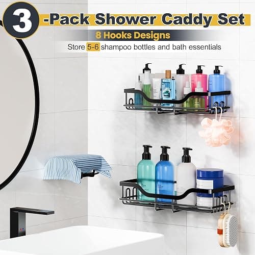 OMAIRA 3-Pack Shower Caddy with Soap Holder, Adhesive Rustproof No-drill Strudy Loading Inside Shower Organizer Shelves Rack Storage Bathroom Organization for Smooth Wall Glass Tile, Black (Large) thumbnail 3