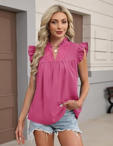 AKEWEI Womens Summer Ruffle Sleeve Lace Embroidered V Neck Work Blouses Pleated Tank Top thumbnail 2
