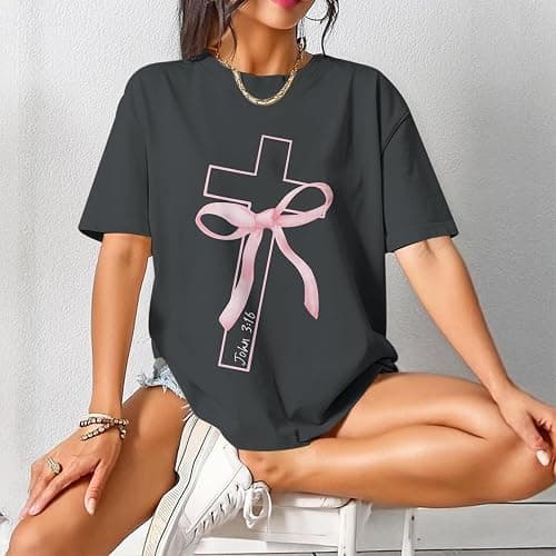 BINTEHGS Christian Faith Cross T Shirts for Women God Oversized Bow Graphic Tshirts Cute Tees Coquette Top for Teen Girls thumbnail 5