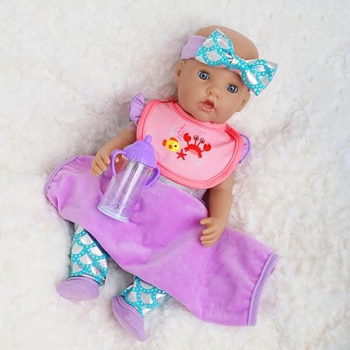 18INDC Baby Doll Clothes 16-18 Inch Mermaid -Themed Baby Dolls Accessories Set - Onesie Outfit, Blanket, Headband, Diaper, Bid, Bottle and Shoes thumbnail 9
