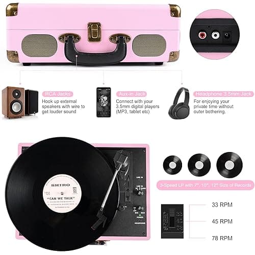 Vinyl Record Player 3-Speed Bluetooth Suitcase Portable Belt-Driven Record Player with Built-in Speakers RCA Line Out AUX in Headphone Jack Vintage Turntable Pink thumbnail 4