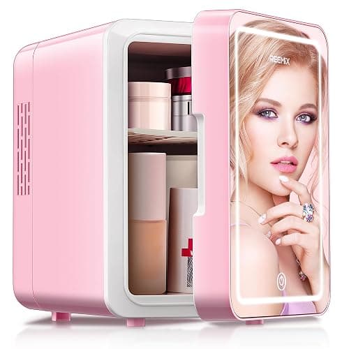 Reemix Skincare Fridge, Mini Beauty Fridge with LED Mirror, 4L Portable Small Refrigerator for Bedroom, Car, Office & Dorm, Cooler & Warmer (Pink) - Image 1