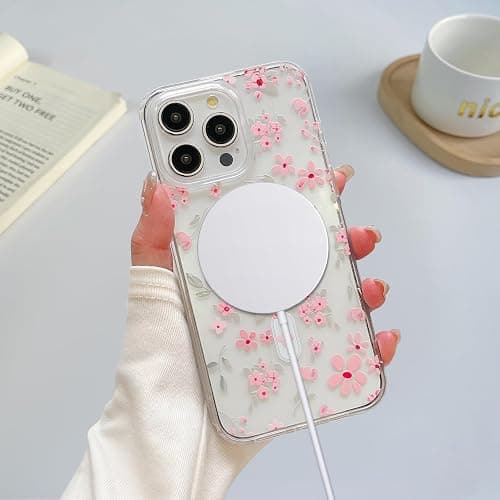 QLTYPRI Magnetic for iPhone 16e Case Compatible with Magsafe, Cute Floral Flower Aesthetic Phone Case Slim Clear Anti-Yellowing Shockproof Phone Cover for Girls Women - Pink thumbnail 4