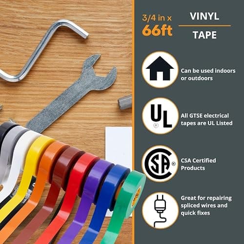 GTSE Mixed Colors Electrical Tape, 10-Pack – Waterproof, Industrial Grade Vinyl, 3/4 in x 66ft– Strong Self-Adhesive PVC Electric Tape for Wire Insulation, 7 Mil, 600V – UL/CSA Listed thumbnail 3