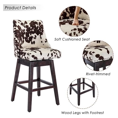 Janoray Counter Height Bar Stools Set of 2, Velvet Swivel Kitchen Stool Chairs with Back Mid Century Modern Barstool with Distressed Wood Legs for Dining Bar, Cow thumbnail 8