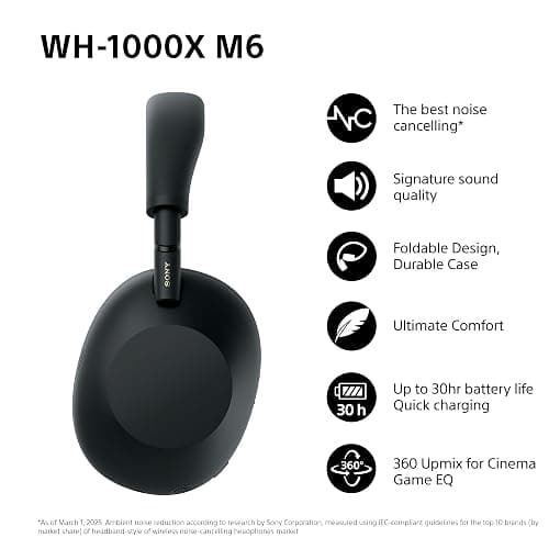Sony WH-1000XM6 Flagship Noise Cancelling Over-Ear Wireless Bluetooth Headphones, Signature Hi-Res Sound, Ultimate Comfort, Foldable Design, Durable Case, 30 HR Battery, iOS & Android - Silver - Silver thumbnail 3