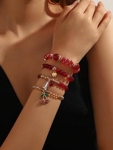 JWIGP 4Pcs Cherry Bracelet Set for Women, Red Beaded Pendant Stretch Layered Gold Plated Crystal Charm Bracelets Jewelry Stackable Boho Christmas Accessories Gift thumbnail 2