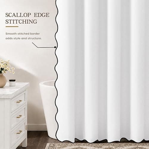 Furlinic Scalloped Shower Curtain No Hook 96 Inch White Linen Fabric Waterproof Extra Wide Wrap Around Curtain, Vintage Modern Bright Heavy Hotel Neutral Textured Elegant Cloth Curtain W 96" x H 75" thumbnail 8
