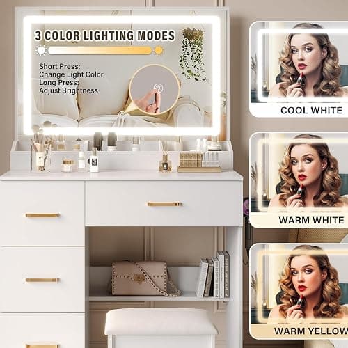 Dressing Table with Mirror and Stool: Vanity Desk with Mirror and Drawers - Makeup Desk with 4 Drawers, Wooden White Bedroom Dressing Table with LED Lights, Brightness Adjustable, 3 Open Storage Areas thumbnail 4
