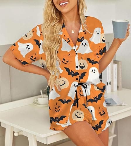 Womens 2 Pieces Halloween Satin Pajama Sets Floral Print Buttoned Short Sleeve Top Shorts Lounge Set thumbnail 2