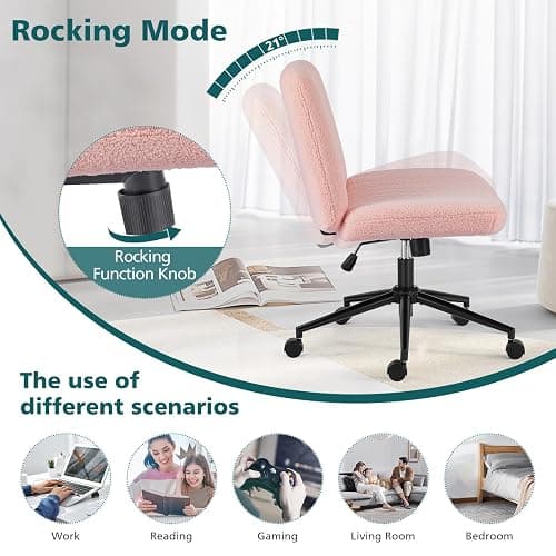 OLIXIS Criss Cross Chair with Wheels, Vanity Chair, Home Office Desk | Furry Teddy Fleece, Wide Seat Armless, Height Adjustable Swivel, Home Computer Task, Bedroom, Study, Pink Teddy thumbnail 5