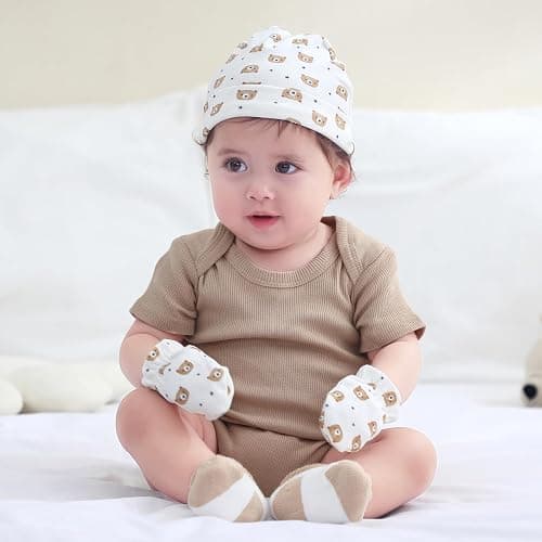 Ruliby Baby Hats Mittens and Socks Set Cotton Newborn Hat Beanie Soft Infant Girls Boys Caps Gloves 0-6 month thumbnail 5
