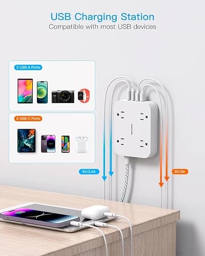 Flat Plug Extension Cord, 4 Widely Power Strip with 4 USB Ports(2 USB C) | HANYCONY 5ft Outlet Extender, Wall Mount, Desk Charging Station for Office School Travel Dorm Room Essentials, ETL Listed thumbnail 3
