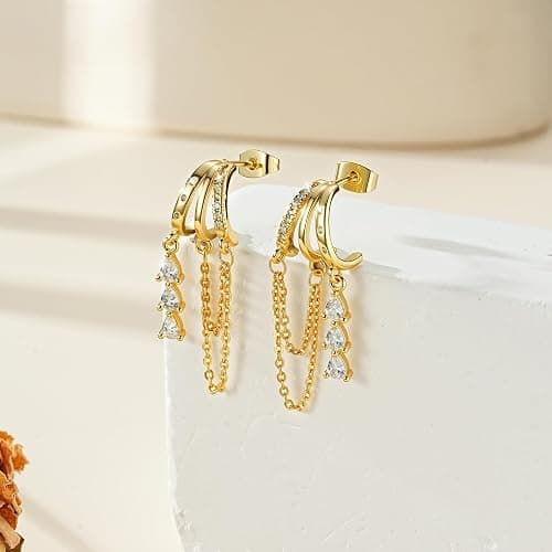 fersltily Dangle Earrings for Women 14K Gold Plated Chain Earrings Ligheweight Hypoallergenic Huggie Drop Stud Earring for Women Jewelry Trendy thumbnail 5