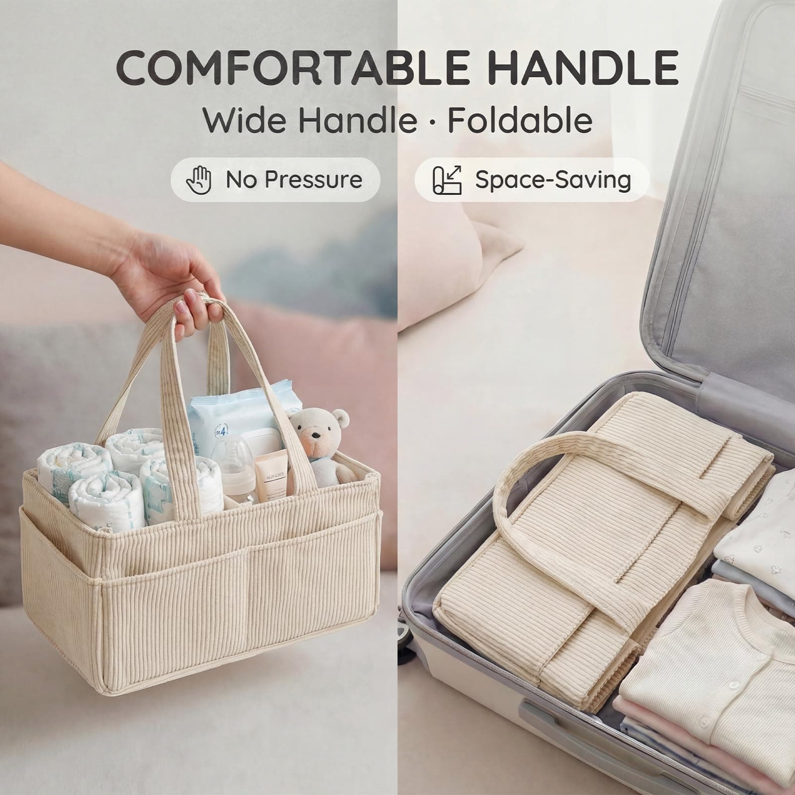 4Pcs Baby Nappy Caddy Organiser Portable Corduroy Diaper Caddy Storage Basket with Handle for Newborn Essentials, Baby Shower and Diaper Station Sand (Beige, 4Pack) thumbnail 4