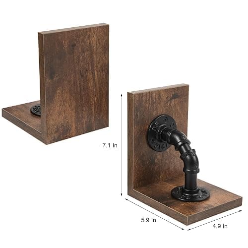 Rustic Decorative Wooden Tabletop Farmhouse Bookends for Heavy Books with Modern Industrial-Style Pipe Office Desktop Bookshelf Organizers Stoppers Holder Nonskid Shelf Decor 1-Pair (Dark Brown) thumbnail 3