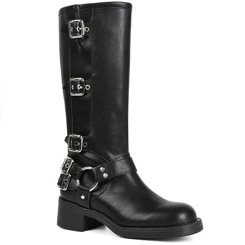 AMINUGAL Knee High Boots Women Square Toe Pull On Wide Calf Riding Fashion Buckles Chunky Metallic Casual Vintage Buckle Rivet - Image 1