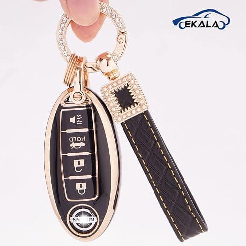 EKALA for Nissan Key Fob Cover Soft TPU Key Shells with Leather Keychain Lanyard Fit for Nissan Altima Armada Maxima Sentra Rogue Pathfinder 4 Buttons Key Fob Case Black Gold (BP-Nisn-4) thumbnail 5