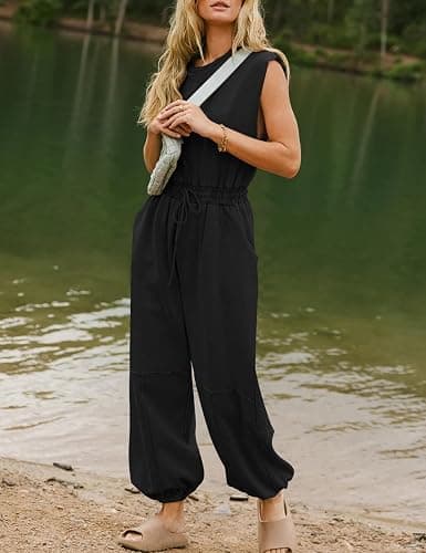Flygo Womens Casual Jumpsuit Crewneck Cap Sleeve Long Wide Leg Pants One Piece Outfits Drawstring Romper with Pockets thumbnail 3