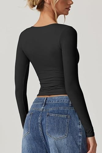 QINSEN Women's Long Sleeve V Neck T Shirts Double Lined Crop Top Seamed Cup Going Out Tops thumbnail 2