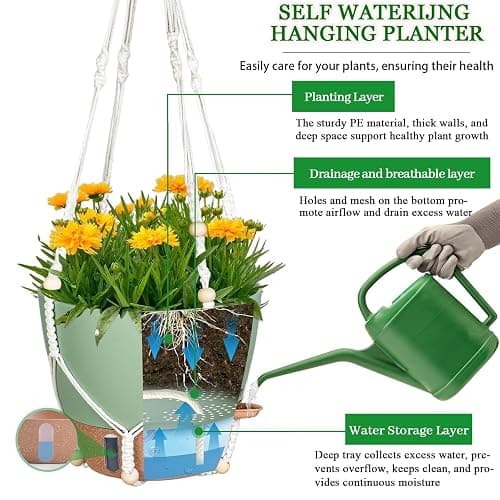 Fielda 10 Inch Hanging Planters for Indoor Plants, 2 Pack Self Watering Hanging Baskets Flower Pots with Drainage Hole, Visual Reservoir & 2 Kinds of Plant Hanger for Outdoor Garden Home Decor thumbnail 5