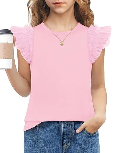 Arshiner Shirts for Girls with Mesh Flying Short Sleeve Crewneck Casual Summer Kids T Shirt Blouse Tops Tee - Image 1