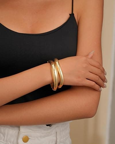 AYWFCBF 2pcs Gold Bangle Bracelets for Women, Trendy Hinged Cuff Open Wide Chunky Gold Bracelet Stack Arm Cuff Jewelry for Women thumbnail 3