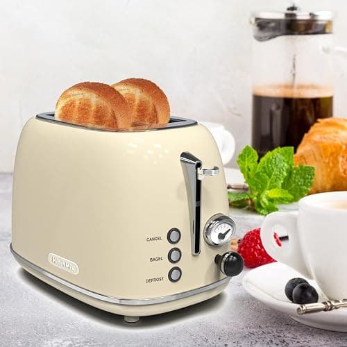 Toaster 2 slice, KitchMix Retro Stainless Steel Toaster with 6 Settings, 1.5 In Extra Wide Slots, Bagel/Defrost/Cancel Function, Removable Crumb Tray (Cream) thumbnail 8