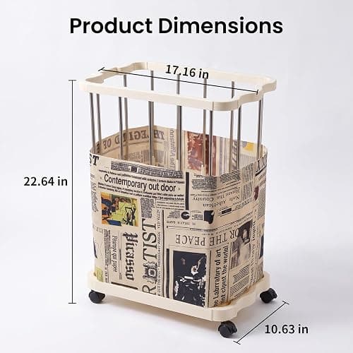 PureBox Laundry Hamper with Wheels, Vintage Rolling Laundry Basket, Cream | Metal Frame,Premium Fabric with Retro Newspaper Print,Easy Assembly,Smooth Rolling,Open Top,for Bedroom/Bathroom/Laundry Room thumbnail 2