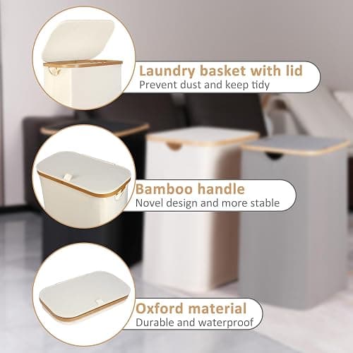 iEGrow 65L Slim Laundry Hamper, Narrow Laundry Basket with Lid,Foldable Clothes Hamper with Bamboo Handles,Hamper Basket with Removable Inner Bag for Laundry Room Bedroom College Dorm,17.17 Gals Beige thumbnail 5