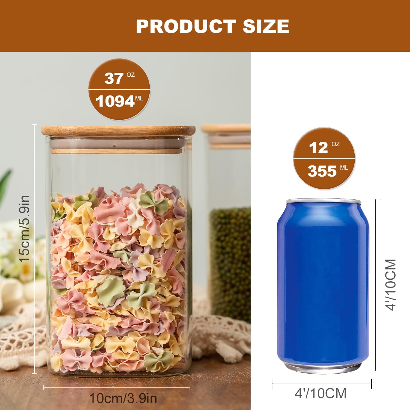 Liuruiyu Glass Food Storage Jars 37 oz Set of 6,Glass Storage Containers Clear Glass Food Canister with Bamboo Lid Airtight For Serving Tea,Coffee,Flour,Sugar,Candy,Cookie,Spice and More (Square) thumbnail 6