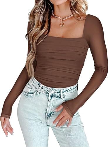 PINKMSTYLE Womens Square Neck Mesh Long Sleeve Bodysuit - size small thumbnail 2