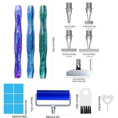 ZYNYXY 17PCS Ergonomic Diamond Art Pen Kits, with Multifunctional Metal Stainless Steel Screw Thin 1, 3, 6, 9, Tips, Correction Placers Roller Accessories(B-Green+ Purple+ Blue+ 5 PCS Tips) thumbnail 2