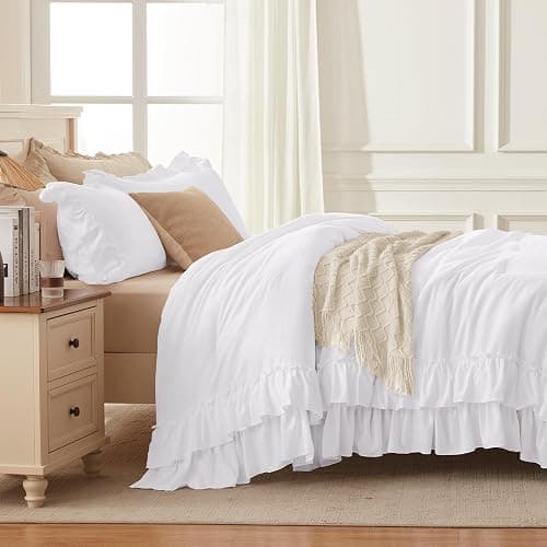 Andency White Comforter Set Queen Size, Lightweight Fluffy Farmhouse White Ruffle Bedding Set, Soft Polyester All Season Shabby Chic Bed Comforter Set 3 Pieces(1 Ruffle Comforter 2 Pillowcases) thumbnail 8