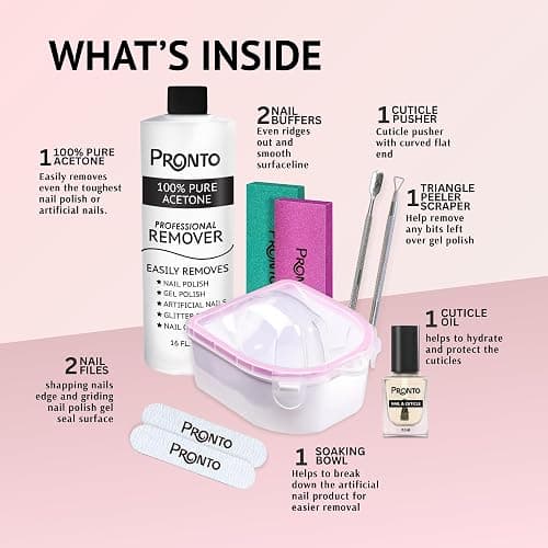 Pronto Gel Nail Polish Remover Kit - 16oz Pure Acetone, Nail Soaking Bowl, Moisturizing Cuticle Oil, Manicure Kit Including Gel Nail Polish Tools, Nail File, Nail Buffer, Cuticle Pusher & Nail Scraper thumbnail 2