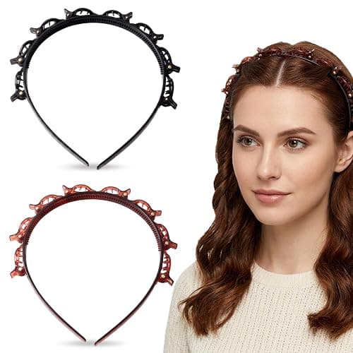 CepuXozi 2 Pack Headband with Clips for Women, Non-Slip Double Layer Braided Hair Band with Teeth, Styling Tool Accessories for Bangs and DIY Hairstyles, Black and Brown - Image 1