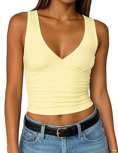 ForeFair Womens Deep V Neck Crop Tank Tops Going Out Double Lined Sexy Crop Top Sleeveless Slim Fit Y2k Summer Tops - Image 1
