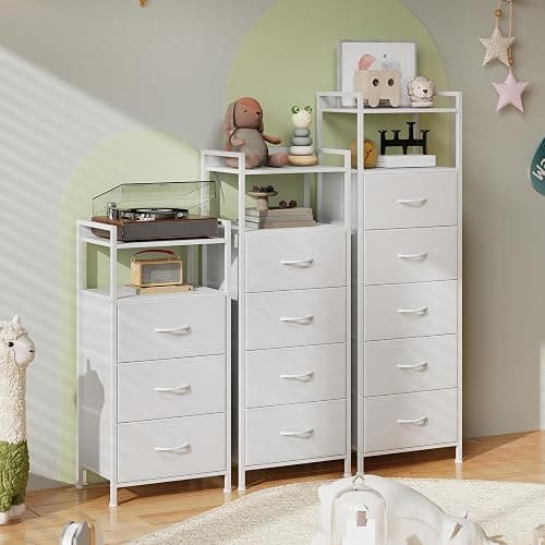 Somdot White Tall Night Stand for Bedroom,Tall 5 Drawers Dresser, Vertical Storage Tower Unit, Nightstand Furniture with Fabric Drawer Organizer in Bedside Kids Dorm Room Closet Laundry Entryway thumbnail 8